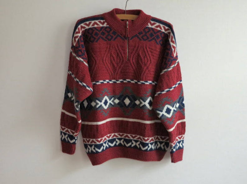 Wine Red Knitted Mens Sweater Wool Alpaca Warm Winter Pullover Top Jumper Italian Classics Large to Extra Large Size