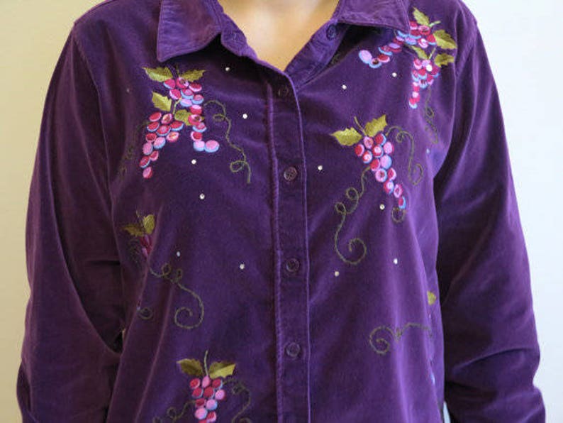 Purple Blouse Velvet Blouse Womens Shirt Embroidered Grapes Long Sleeves Blouse Buttons Up Blouse Large Size