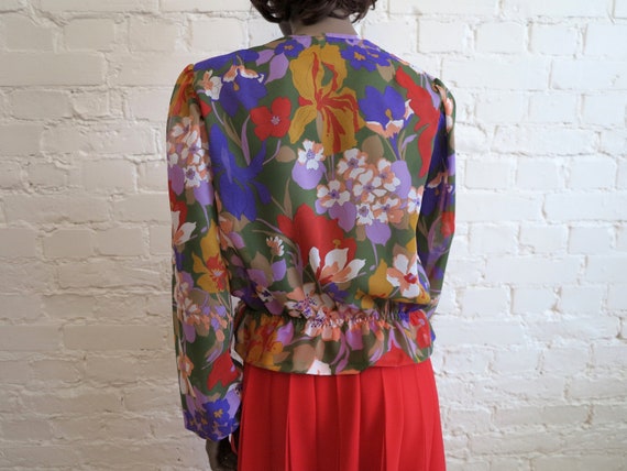 Vintage 70s Multicolor Chiffon Blouse Floral Prin… - image 3