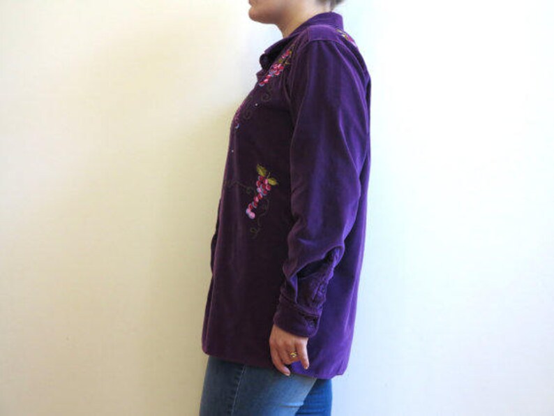 Purple Blouse Velvet Blouse Womens Shirt Embroidered Grapes Long Sleeves Blouse Buttons Up Blouse Large Size