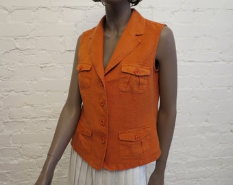 Orange Linen Vest Womens Orange Vest Summer Vest Gilet for Women Linen Blouse Sleeveless Top Waistcoat Large Size