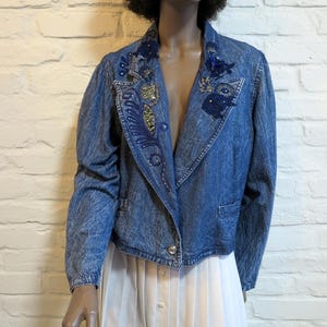 Blue Denim Jacket Vintage 80s Acid Washed Jeans Jacket Long Denim Jacket Womens Thin Denim Blazer Medium Size