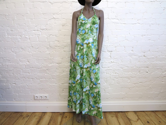 Vintage 70s Maxi Dress Green Floral Print Long Stretchy Dress Open Back Summer Dress Bridesmaid Dress Medium Size