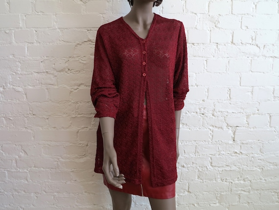 Burgundy Red Lace Jacket Stretchy Transparent Cardigan See Thru Top Womens Jacket V Neck Jacket Large to Extra Large Size Etsy