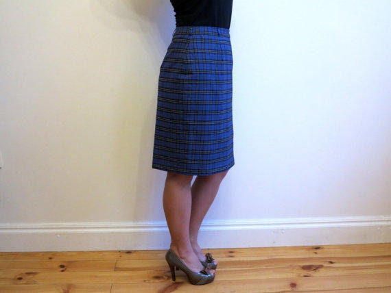 Royal Blue Tartan Plaid Pencil Skirt High Waisted Wool Blend Knee Length Skirt Large Size