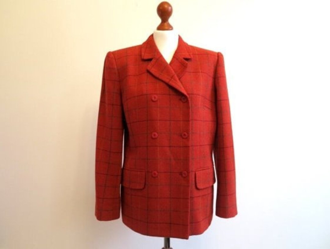 Women's Orange Plaid Jacket Womens Formal Jacket Lambs Wool Shetland