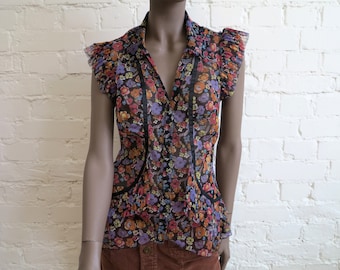 Bluzka w kwiaty w stylu vintage z lat 90., wielokolorowa siateczkowa bluzka, czarno-czerwono-fioletowy top w kwiaty, elastyczna, prześwitująca bluzka, przezroczysta bluzka, średni rozmiar
