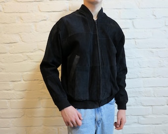 Vintage 80s Black Suede Bomber Jacket | Unisex Retro Streetwear (Mens S Womens M)