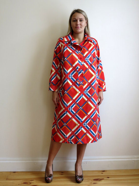 red white and blue plaid dress Vintage 1980s Hot Red Dress White Blue Diagonal Plaid Dress A Line Dress  Cotton Dress Long Sleeves Midi Shirtdress Extra Large Size
