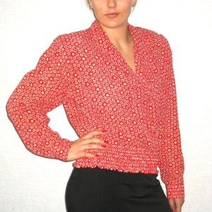 Vintage 1980s Blouse Hot Red White Blouse Polka Dot Blouse Red Top Long Sleeves Blouse Large Size