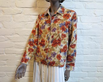 Vintage Boho Baumwolljacke in warmen Erdtönen mit Blumenmuster, Grösse S/M