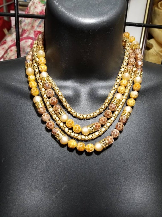 Multi stranded 4 beaded and gold plated chained n… - image 2