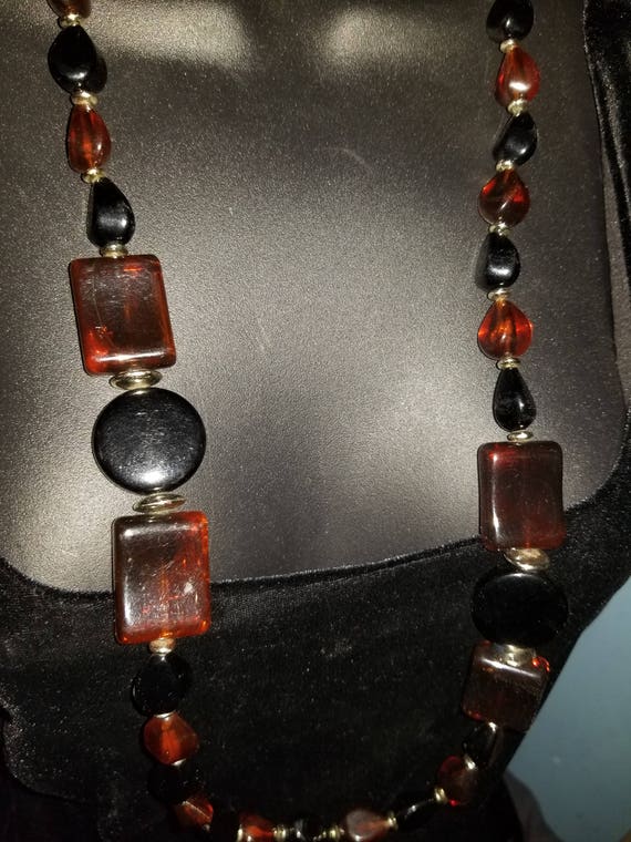 Black and Amber with silver accents necklace, 34 … - image 1