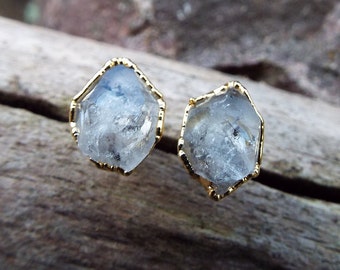 Electroformed Herkimer Diamond Stud Earrings • Gold Plated Crystal Earrings • Boho Gemstone Jewelry • Handmade Statement Earrings