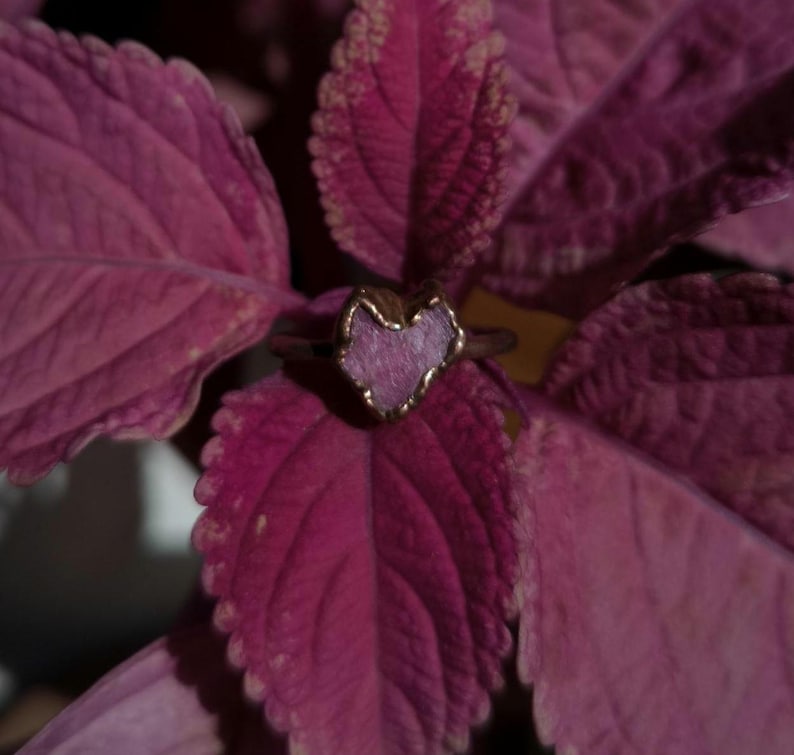 May include: A gold-toned ring with a heart-shaped, light purple stone. The ring is set against a backdrop of deep pink leaves, creating a contrast of colors and textures. The ring's design is simple yet elegant, suitable for everyday wear.
