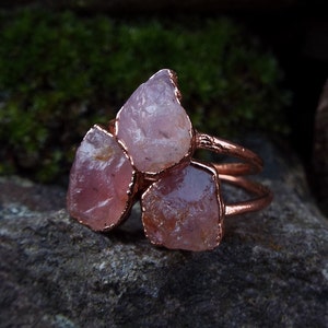 Rose Quartz Ring • Raw Rose Quartz Crystal Ring • Boho Copper Gemstone Ring • Handmade Statement Jewelry