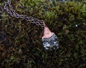 Pyrite Necklace • Cubic Pyrite Pendant • Copper Electroformed Necklace • Black Ore Crystal Jewelry • Boho Statement Necklace