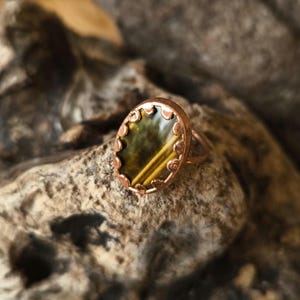 Könnte beinhalten: Ein kupferfarbener Ring mit einem ovalen Tigeraugenstein. Der Stein hat gelbe und braune Streifen. Der Ring hat eine dekorative, gezackte Lünette. Der Ring wird auf einer strukturierten, braunen Oberfläche präsentiert.