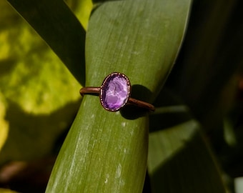Amethyst Ring US 6.75 • Rose Cut Raw Crystal Copper Ring • Boho Gemstone Ring • Handmade Crystal Jewelry • Healing Stone Ring