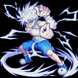 May include: An anime-style illustration of a character with spiky white hair, wearing a light-colored tank top and blue shorts, surrounded by bright blue lightning bolts and energy swirls, set against a solid black background.