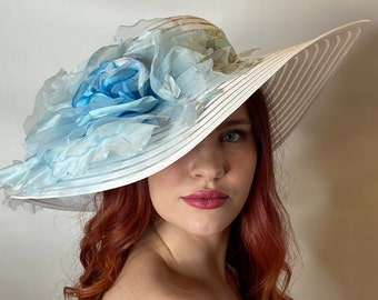 White Hat with Ice Blue Silk Flowers Kentucky Derby, Saratoga, Triple Crown, Tea party, Couture Hats, Handmade hats, One of a kind hats