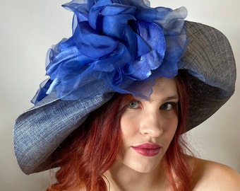 Denim Blue Hat with Blue Flower Kentucky Derby, Saratoga, Triple Crown, Tea party, Couture Hats, Handmade hats, One of a kind hat