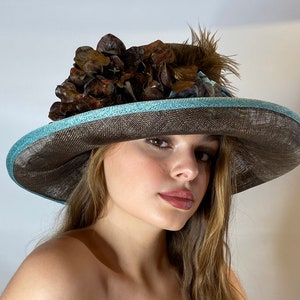 Brown Rowler Hat with Blue Kentucky Derby, Saratoga, Triple Crown, Tea party, Couture Hats, Handmade hats, One of a kind hats, designer hat