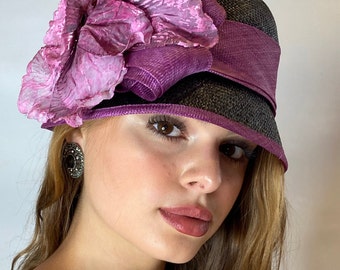Black hat with Purple Kentucky Derby, Saratoga, Triple Crown, Tea party, Couture Hats, Handmade hats, One of a kind hats, designer hat