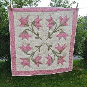 May include: A square quilt featuring a central floral pattern with pink and olive green fabric pieces arranged on a cream background. The quilt is finished with a wide pink border and displays visible stitching throughout the quilted surface.