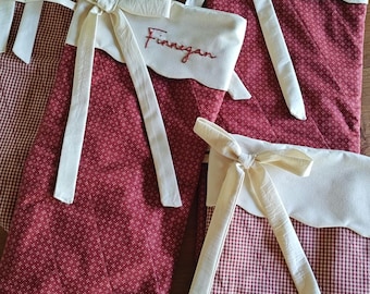 Personalized Quilted Christmas Stocking, Red and Cream Scalloped Cuff with Bow *MADE TO ORDER*