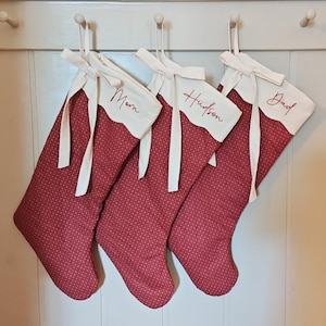 Personalized Quilted Christmas Stocking, Red and Cream Scalloped Cuff with Bow *MADE TO ORDER*