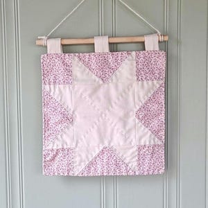 Hand Quilted Nursery Wall Hanging, Pink and Cream Sawtooth Star Patchwork, Cottagecore Textile Art, Storybook Nursery Decor