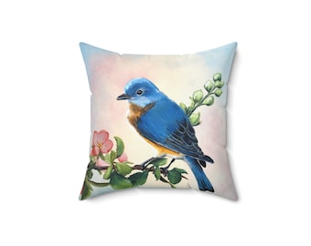 Bluebird Spun Polyester Square Pillow, Home Decor, Bird Decor, Decorative Pillow, Bird Lovers Gift, Zipper Covered Pillow