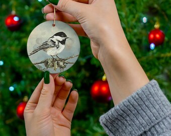 Winter Black Capped Chickadee Ornament, Christmas Ornament, Fine Art Ornament, Bird Gift, Woodland Christmas Tree Ornament, Chickadee