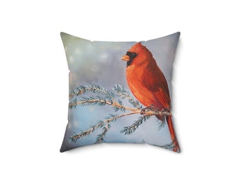 Winter Cardinal Printed 14x14 Throw Pillow, decorative pillow, Bird Lover Gift, Zipper Pillow Cover, Home Decor, Cardinal Gift