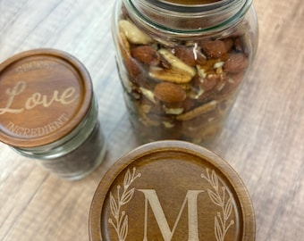 Personalized Mason Jar Lid, Engraved Acacia Wood Lid, Airtight Pantry Storage, Wide & Regular Mouth, Kitchen Organization Gift
