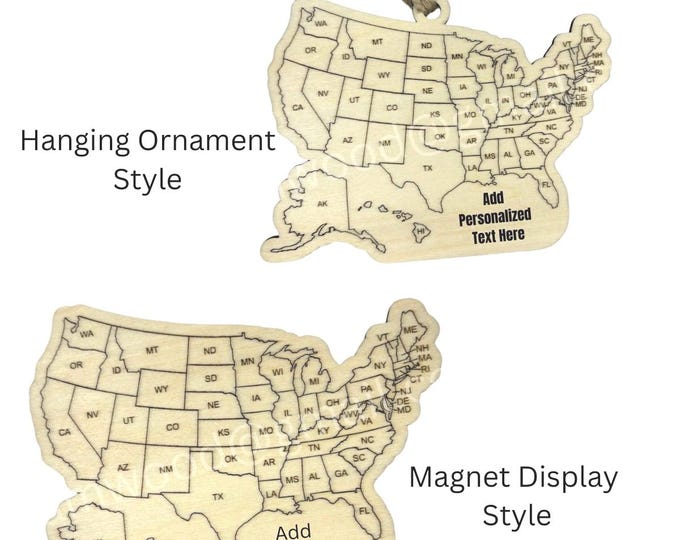 Featured listing image: Personalized Wooden USA Travel Ornament or Magnet | Road Trip Tracker | Gift for RV Traveler