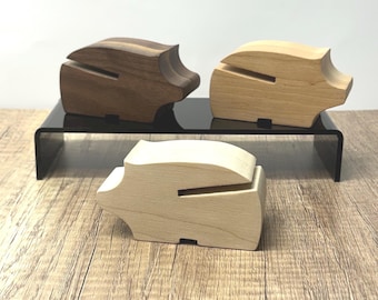 Hardwood Pig Shelf Sitter: Puzzle Lid Holder, Handmade Decoration