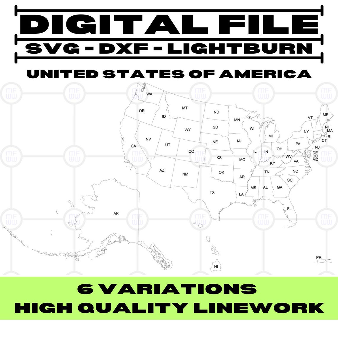 United States Map SVG DXF Files | 50 States Linework (digital Download ...