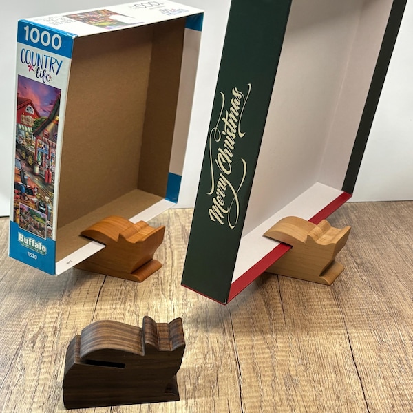 Puzzle Lid Holder and Cat Shelf Sitter | Solid Hardwood Shelf Decoration | Puzzle Lover Gift