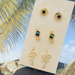 Artistic copper studs in ethnic designs, set of 3, unique, boho, freespirited, lapis, moonstone and crystal