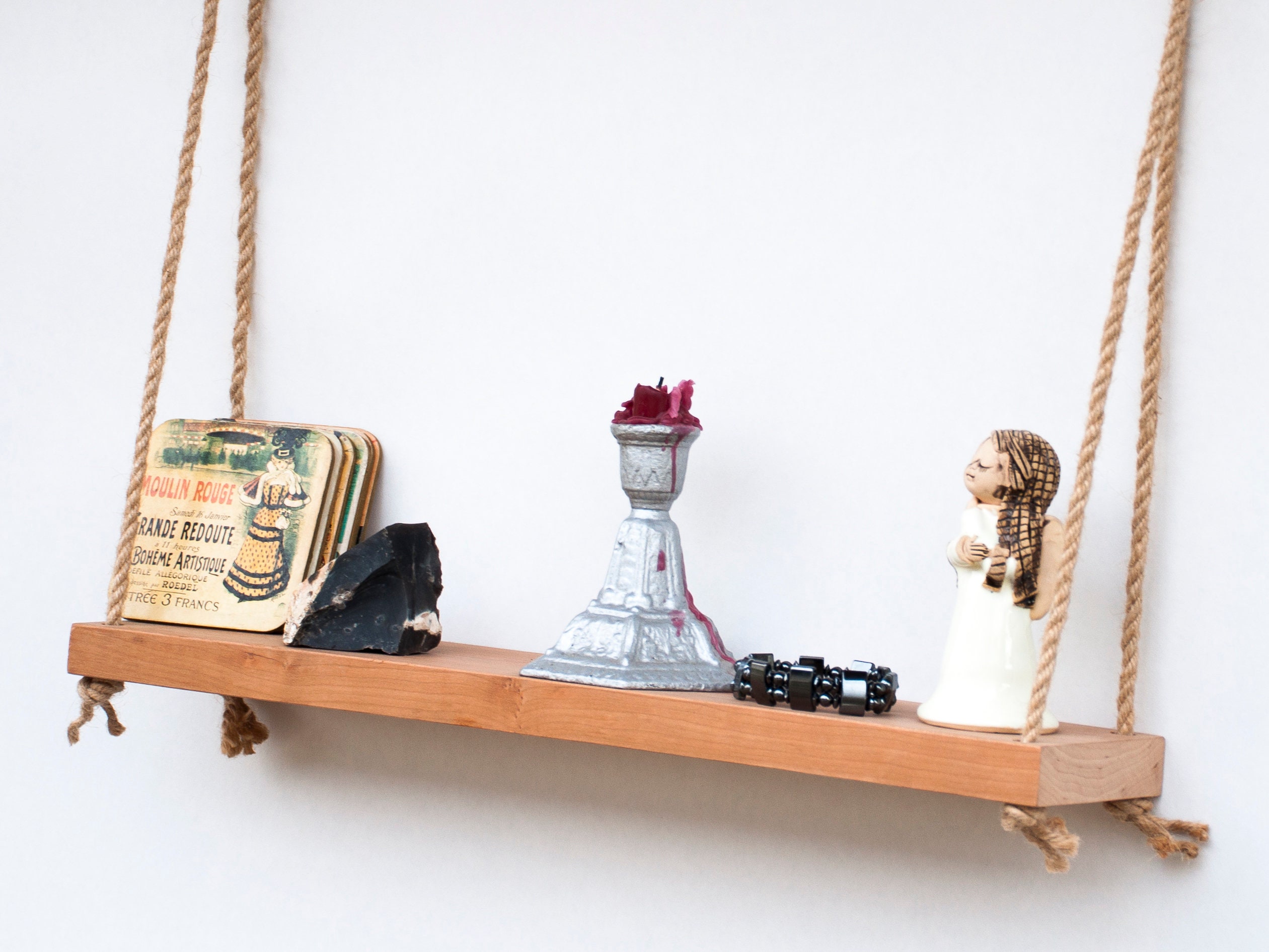 Solid Cherry wood String Shelves Hanging Shelf Floating Etsy