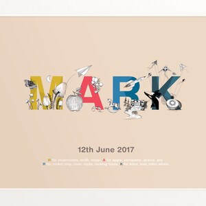 Nombre personalizado arte / Impresión de arte de pared / Decoración para niños impresión de nombre guardería / Cartas ilustradas / Idea de regalo de baby shower / Primer cumpleaños