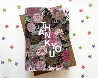 Thank you card, botanical floral greeting card | Colourful florals | A6 size blank card | Fantasy florals illustration card