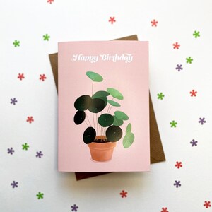 Cartão de Pilea do feliz aniversario de <br> Entrega Rápida? Planta de interior ilustrada | Cartão em branco tamanho A6 | Planta monetária chinesa