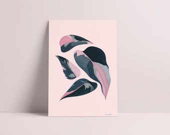 May include: A digital illustration of four pink and blue leaves on a light pink background.