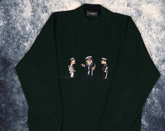 Vintage Dark Forest Green US Navy Embroidered Grandad Jumper | Small