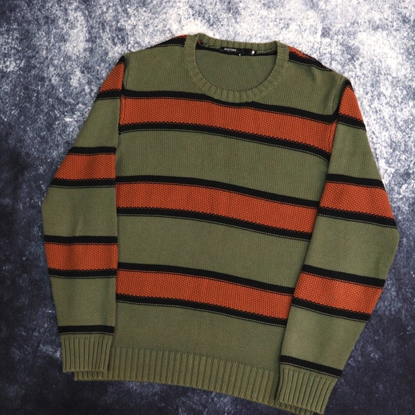 Vintage Khaki, Orange & Black Stripy Jumper | Small