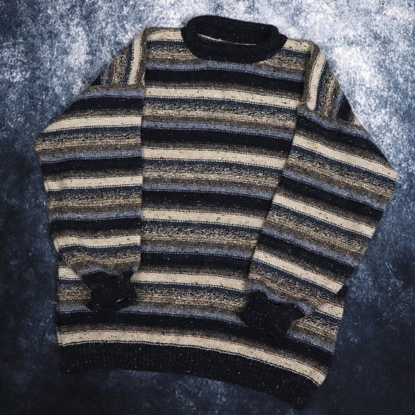 Vintage Blue, Beige & Brown Striped High Neck Jumper | XL