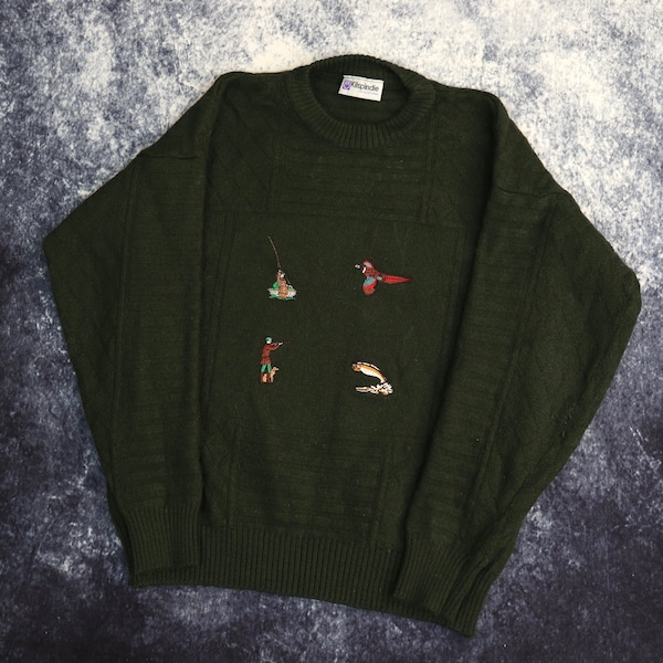 Vintage Forest Green Hunting & Fishing Grandad Jumper | Small